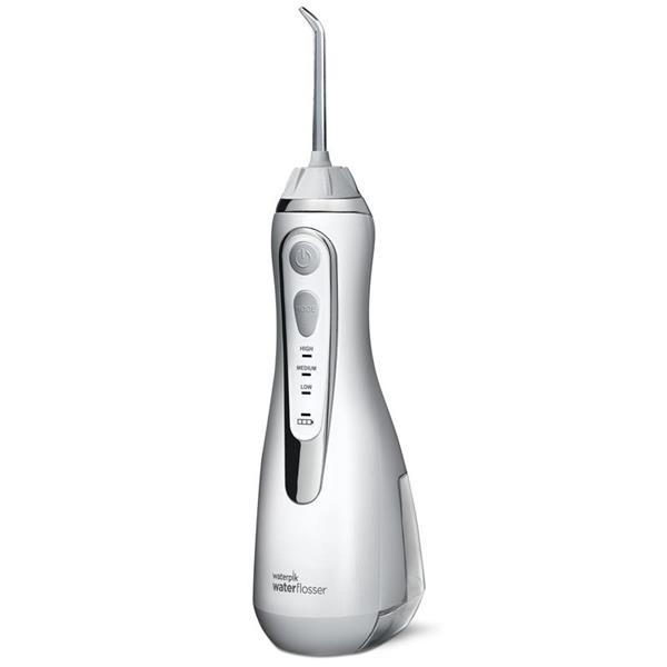 white and silver handheld cordless water flosser