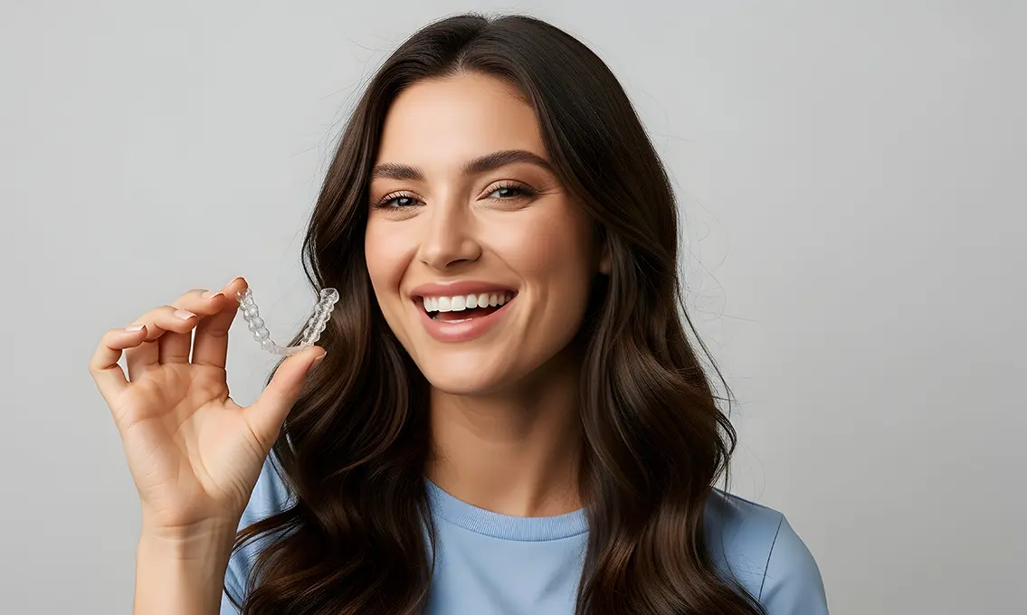 smiling woman holding dental implant model at dental clinic in leduc, ab