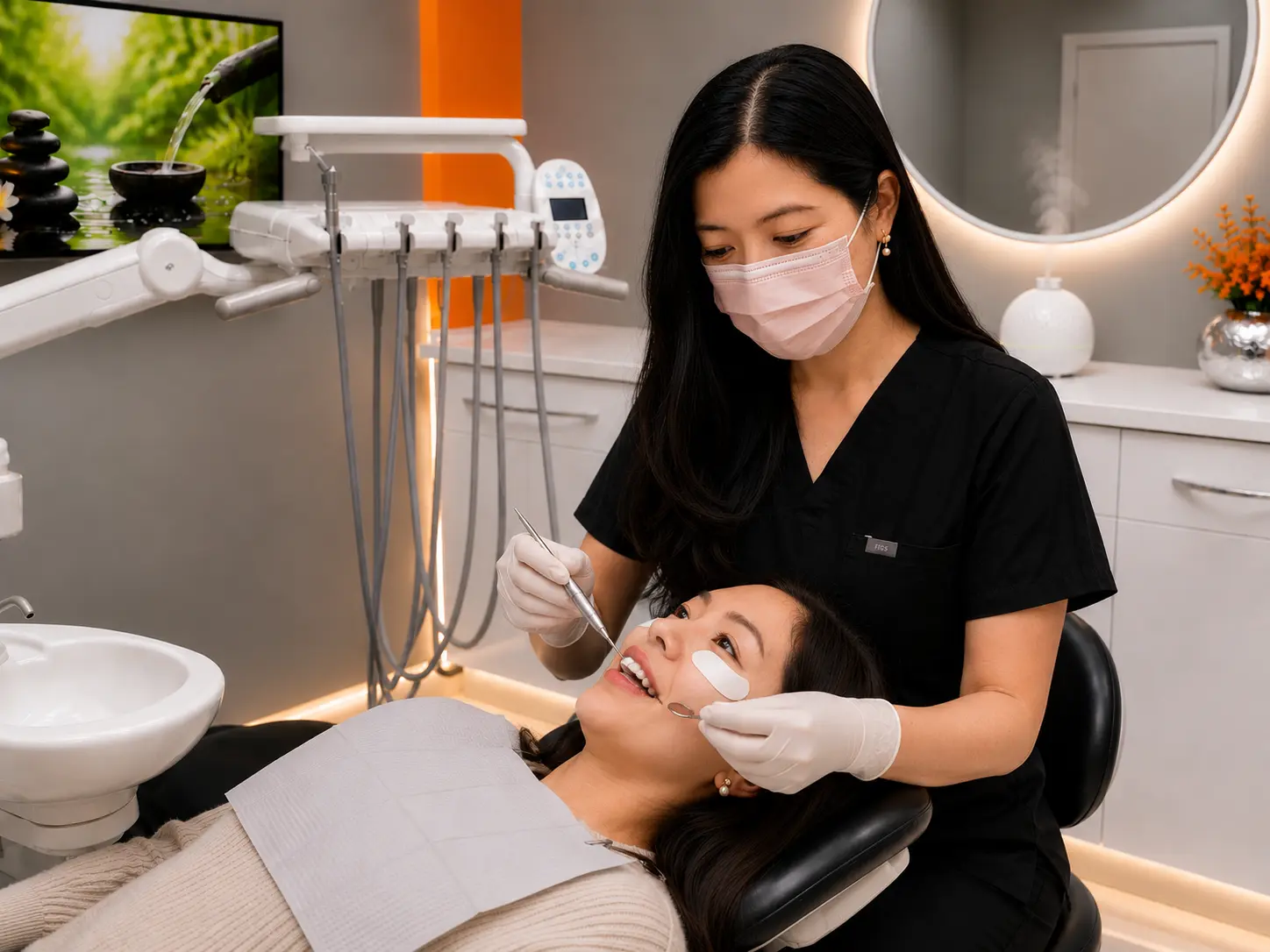 caring dentist performing a dental examination