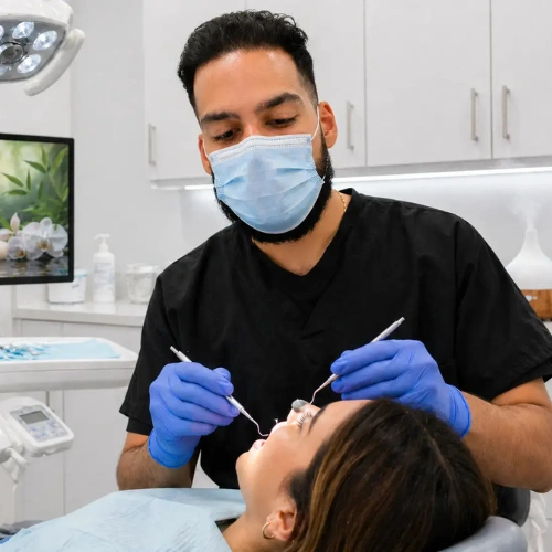 caring dentist near you performing a routine oral examination on a patient