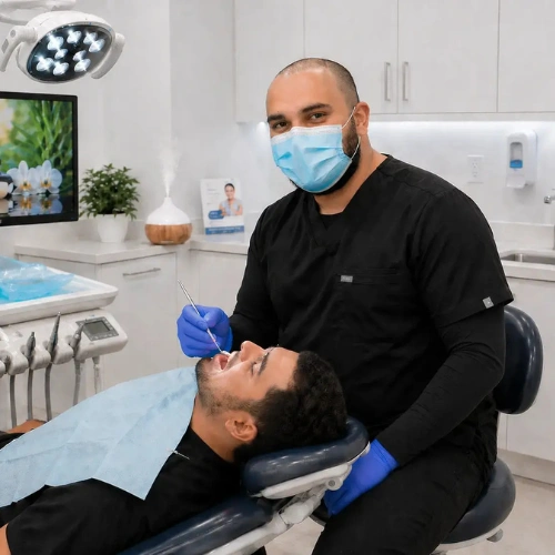 experienced dentist near you attending to a male patient in the operatory chair