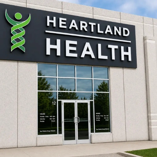 full view of heartland health clinic front entrance and storefront in mississauga, on