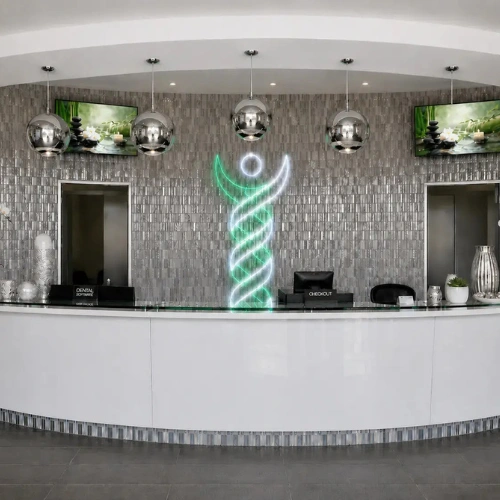 modern curved reception desk inside heartland health dental clinic in mississauga, on