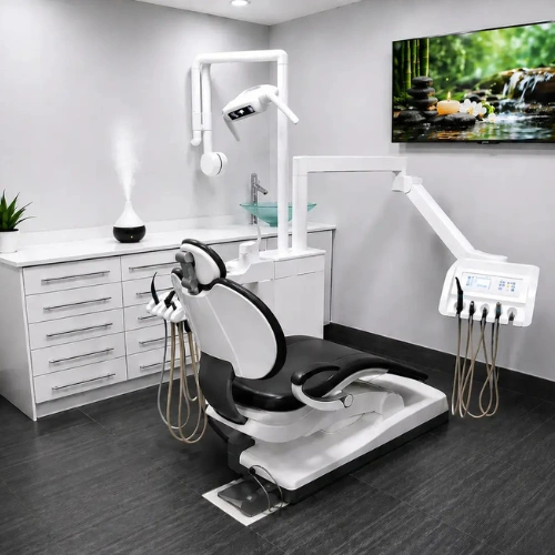 modern dental chair and examination equipment in a clean operatory room