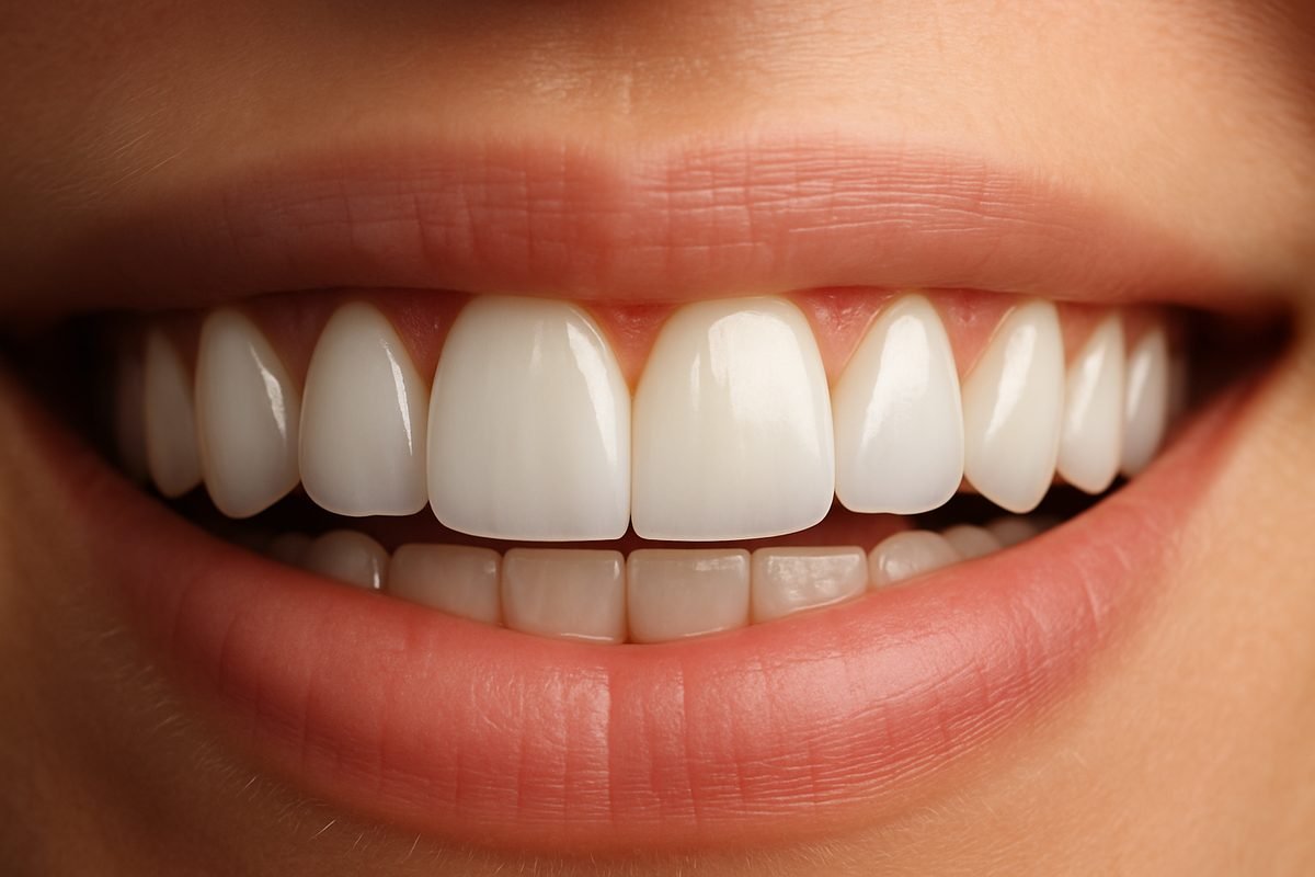 Close up of a perfect smile after having permanent teeth veneers installed. Focus on the central incisors, highlighting the natural shape, color, and translucency of the veneers. No text on image.
