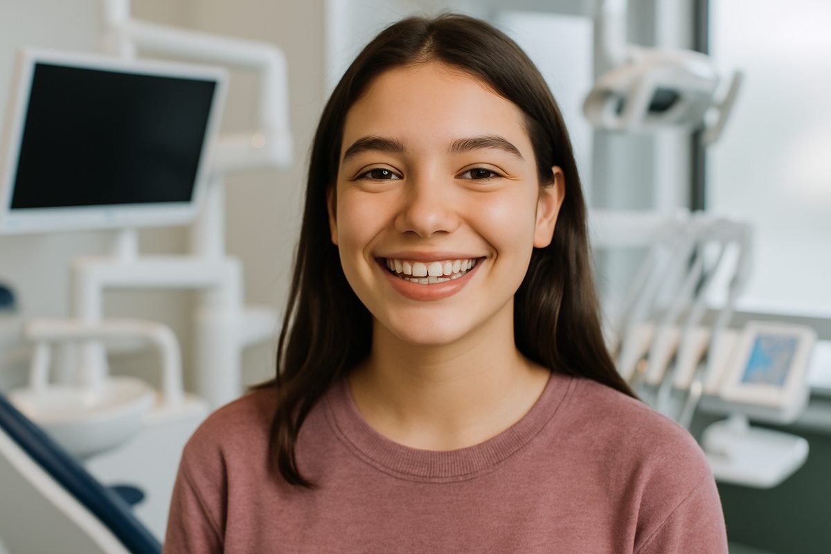 A young woman with braces smiles confidently, showcasing her teeth. The setting is a modern orthodontist's office with state-of-the-art equipment visible in the background. No text on the image.