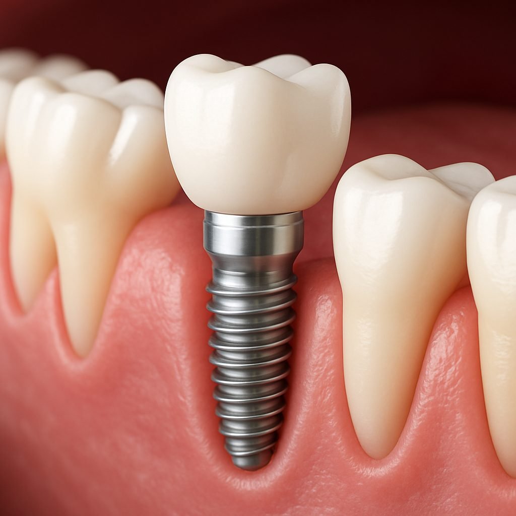 A simplified diagram of a mouth with a tooth implant, showing the 6 stages of the procedure from consultation to final crown placement. No text on image.