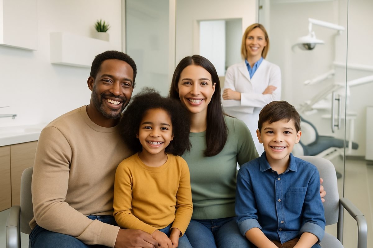 A friendly, diverse family is in the waiting room of a modern and clean dental office, smiling, with a dentist in the background. No text on image.