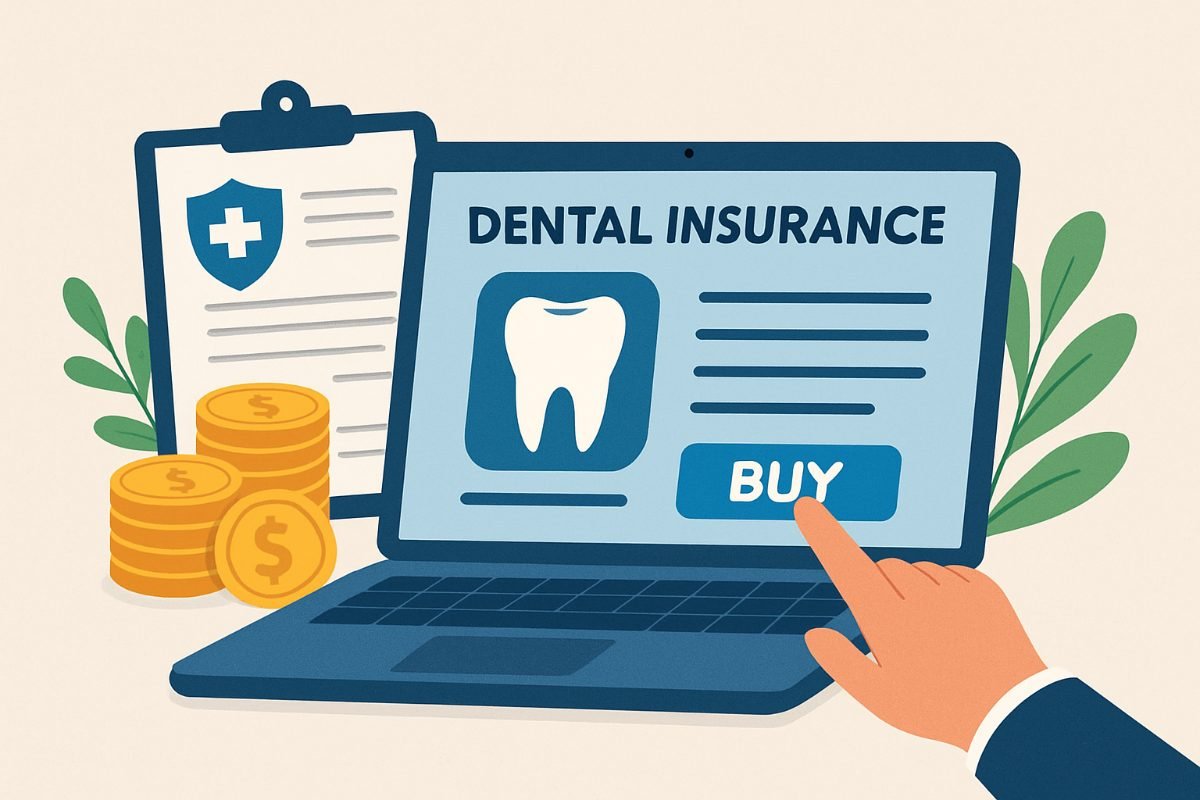 A person looking at a laptop doing research on different dental insurance plans, with a magnifying glass on the screen. No text on image.
