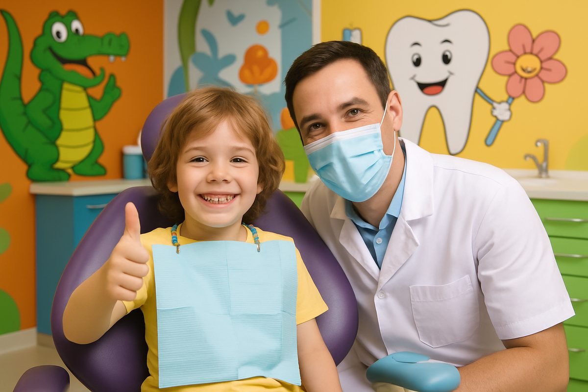 A smiling young child is sitting in a dental chair, giving a thumbs-up, while a friendly dentist is beside them. The background is a colorful, welcoming dental office with cartoon characters on the walls. No text on image.