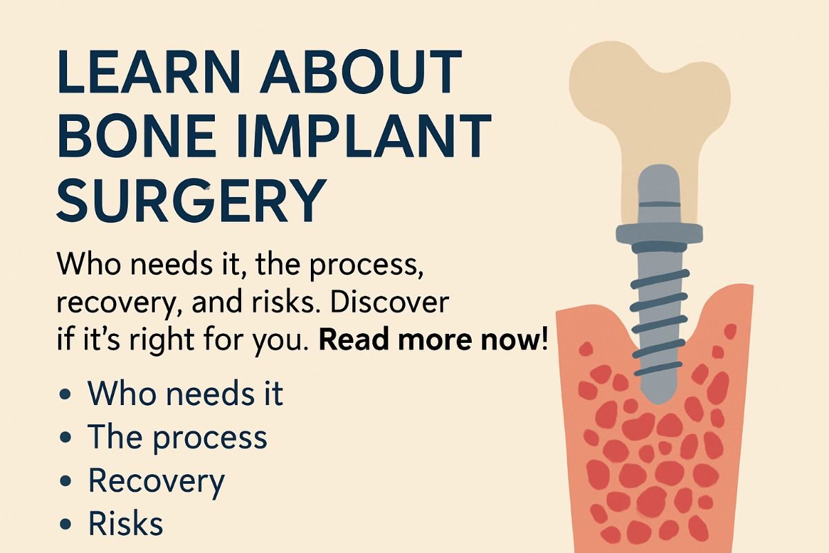 Image of a dentist explaining a bone implant surgery procedure using a 3D model of a jaw with implants. The dentist is pointing to the area where the bone graft will be placed. No text on the image.