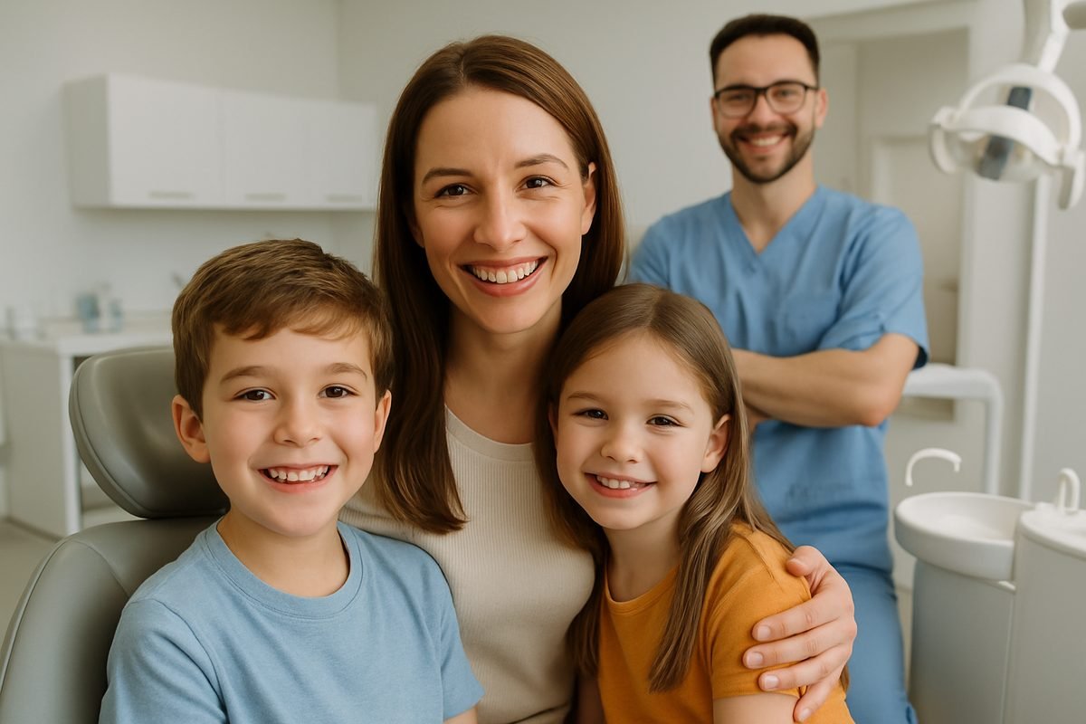 Photo of a smiling mother and two children in a dental office setting, with a friendly dentist in the background. The scene should evoke a sense of trust, comfort, and modern family dental care. No text on the image.